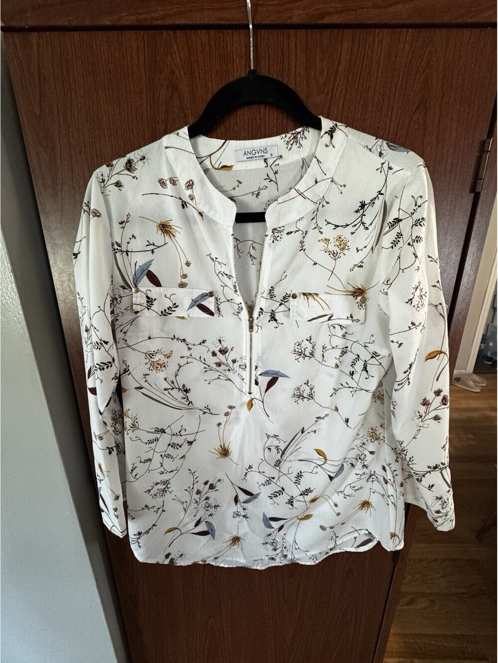 ANGVNS Womens S Ivory Floral Half Zip Blouse Long Sleeve Botanical Office Top